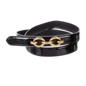 Yves Saint Laurent Black Patent Belt with Gold Chain Accent